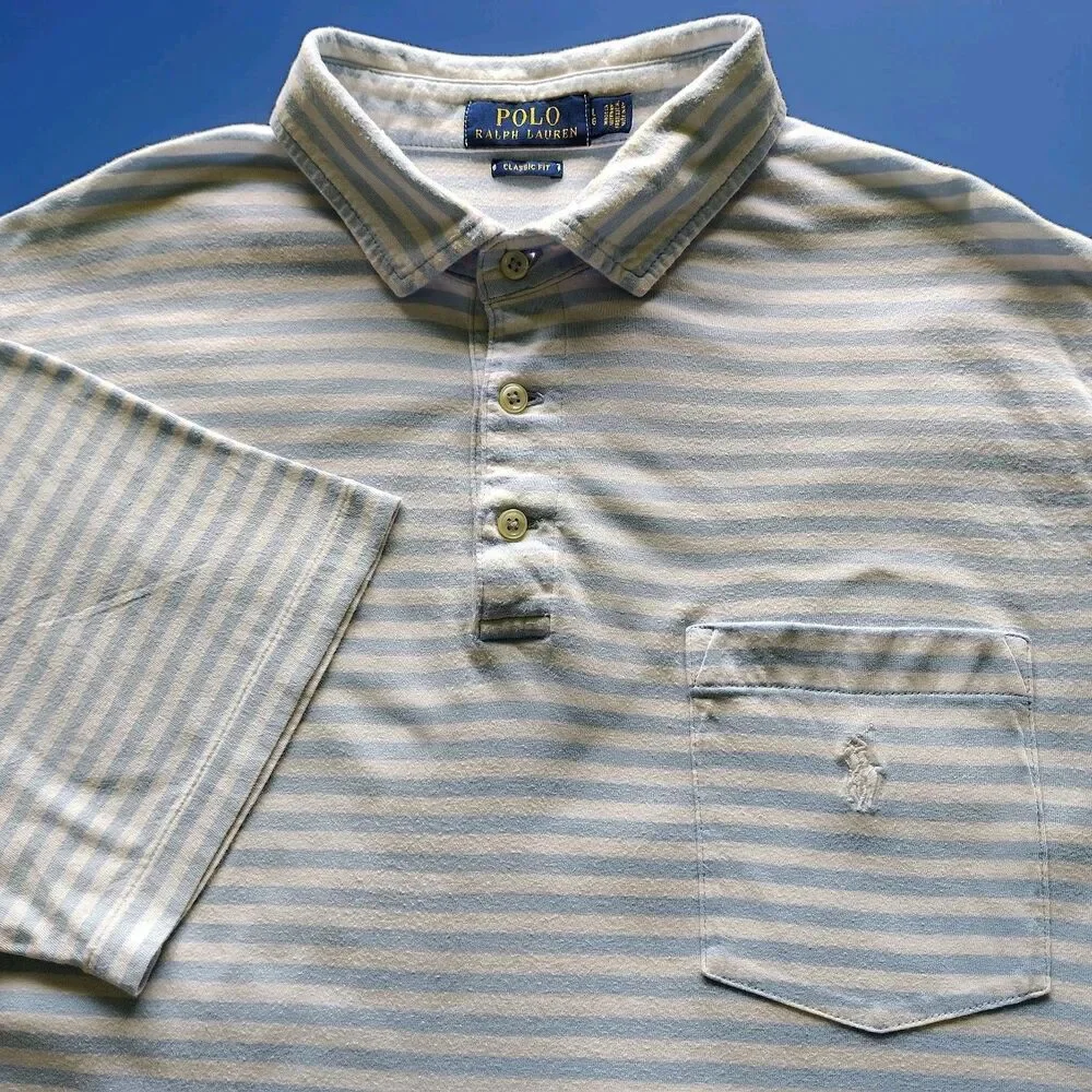 Polo Ralph Lauren Polo Shirt Men Large Blue Striped White Pony Preppy Casual